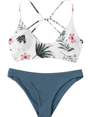 Women's Sexy Bathing Suit Floral Print Cross Back Bikini Set Swimsuits White-1 S